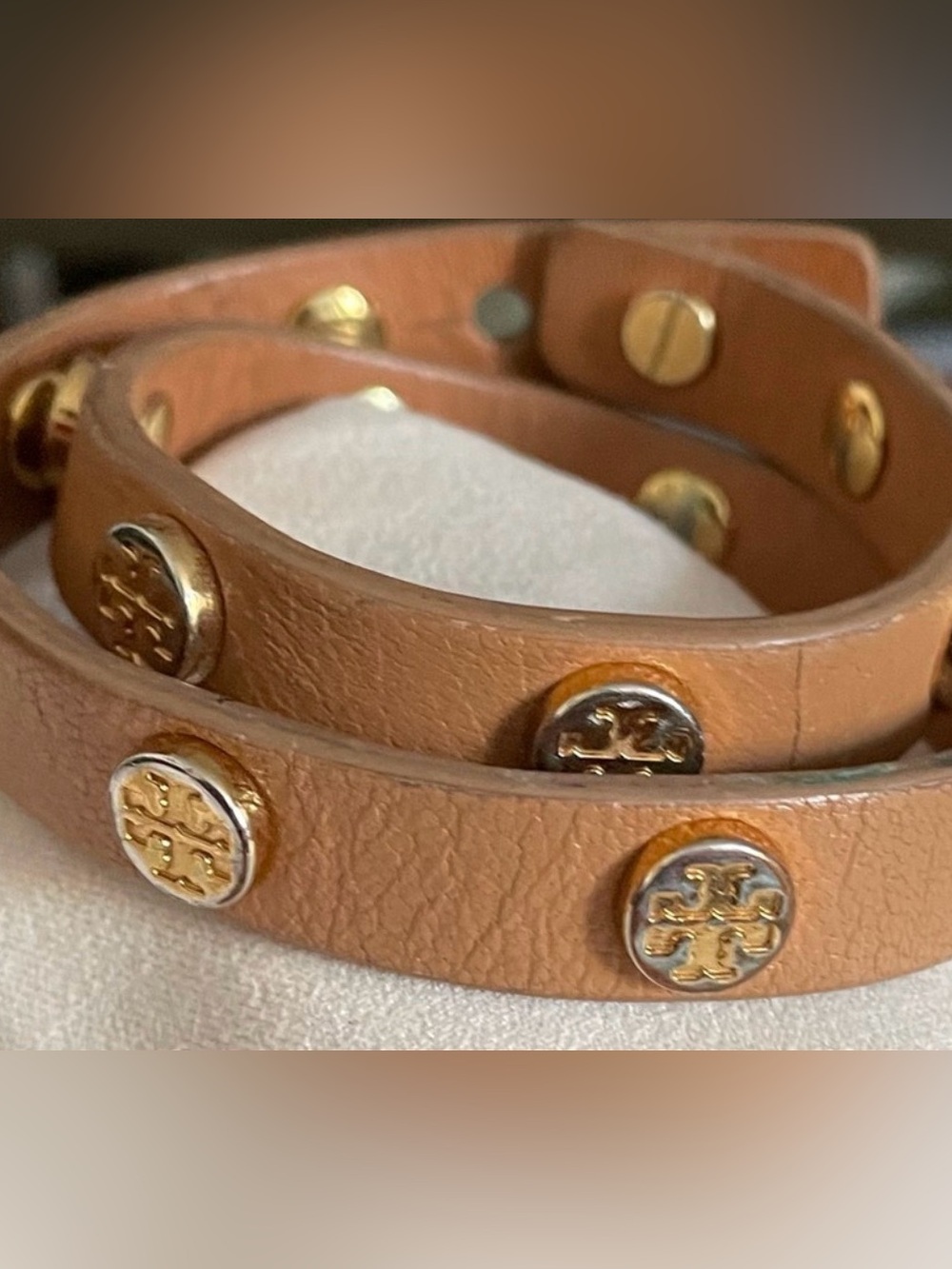 Tory Burch Tan Leather Double Wrap Bracelet with Gold Logo Studs